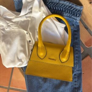 Genuine leather top handle mini yellow purse with adjustable strap